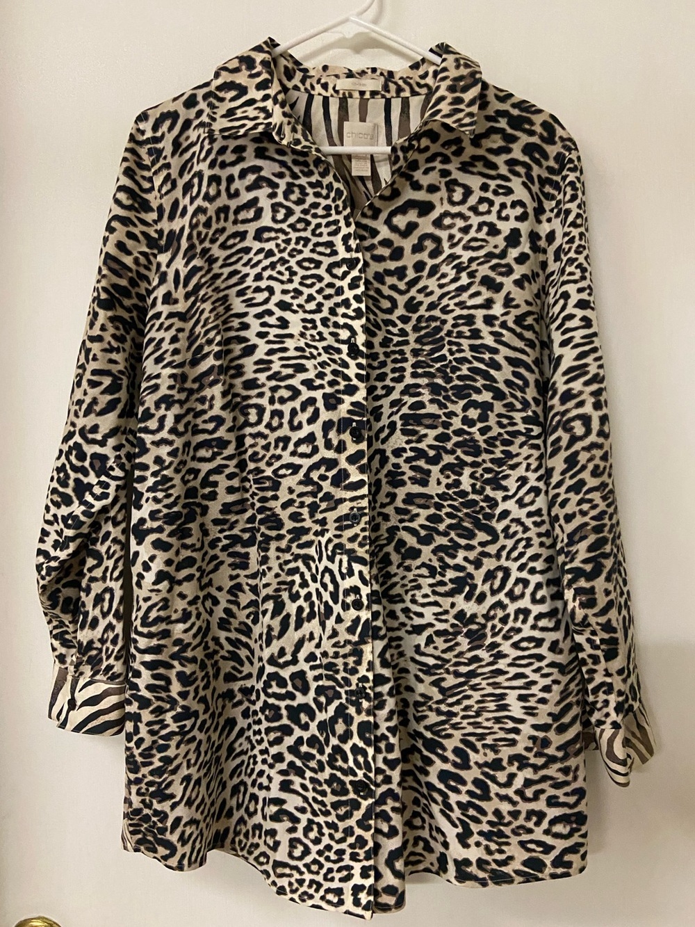 Chico’s No Iron Animal Leopard Print Tunic Top Button Up Cotton L 14 Lightweight